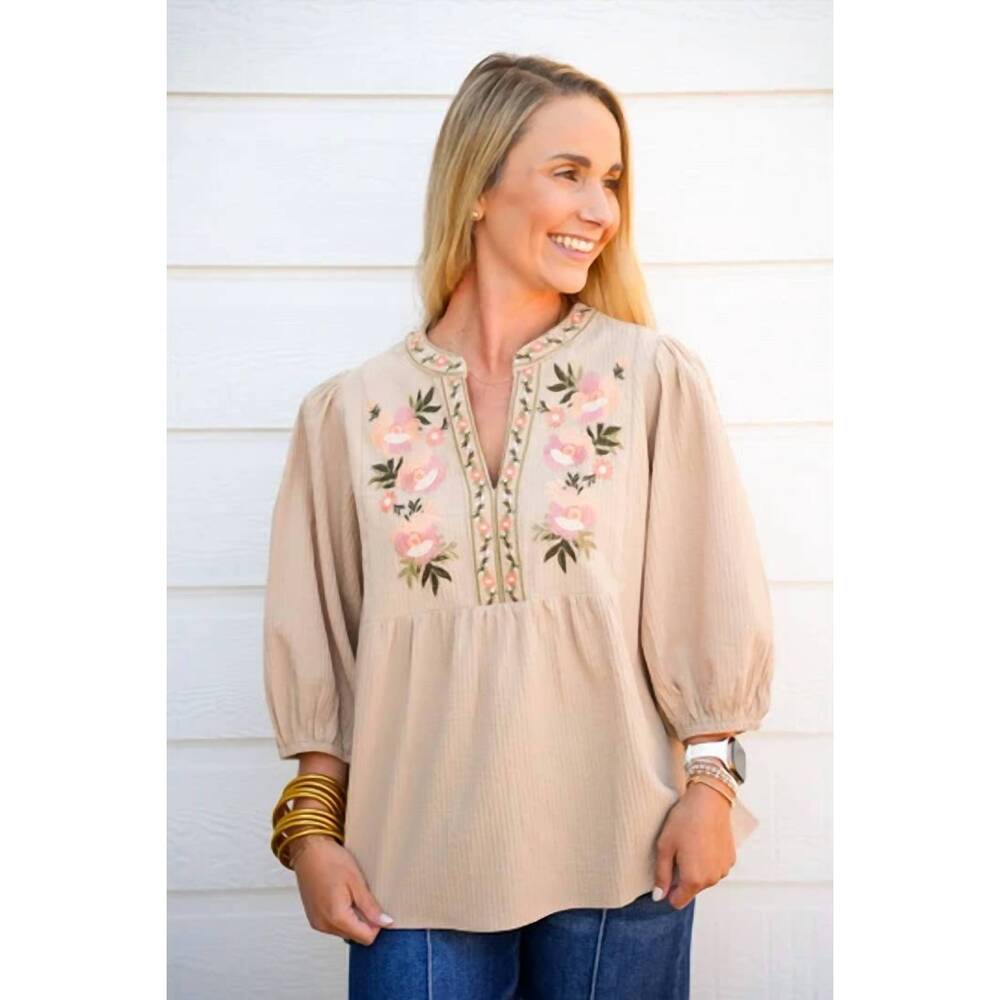 NEW ODDI embroidered blouse in taupe